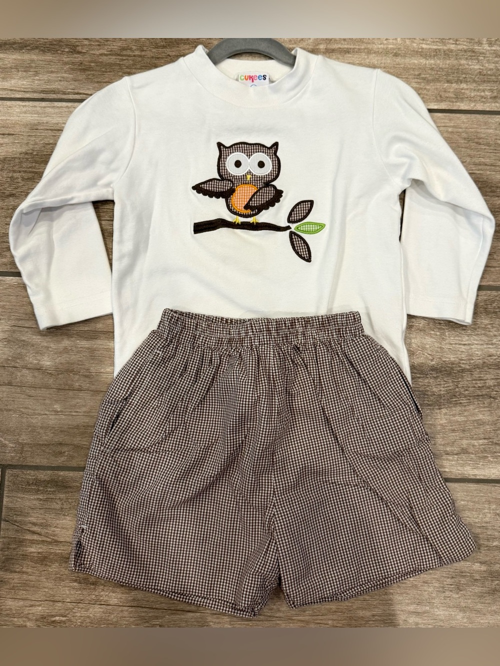 Owl embroidery Outfit brown white gringham shorts Sz 4